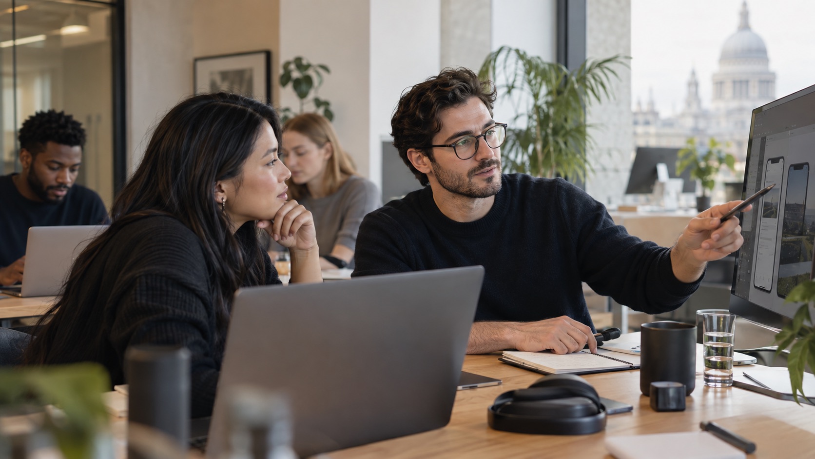 A product team collaborating on a mobile application in a modern London studio